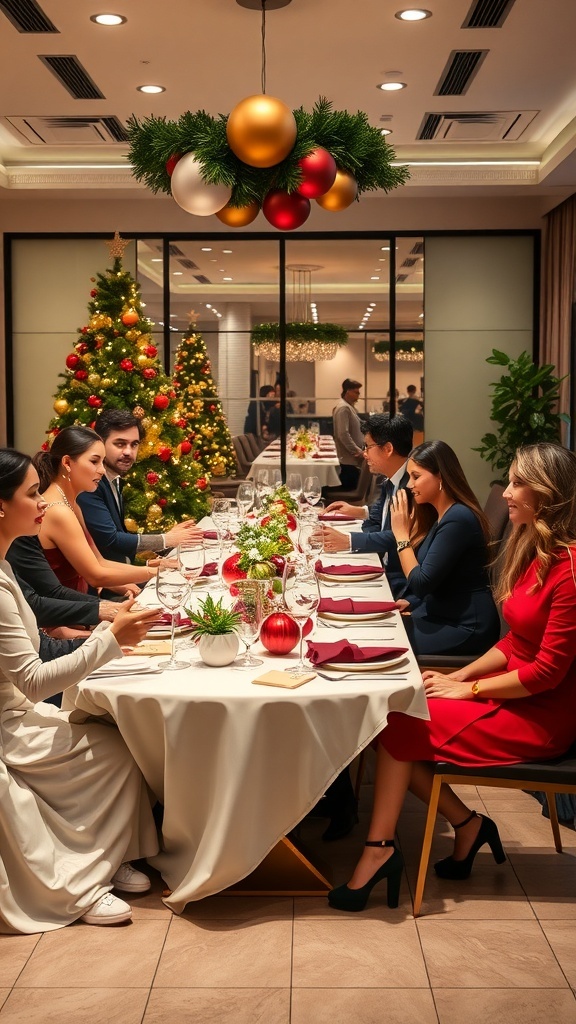 Elegant office Christmas dinner with individuals in festive attire at a decorated table.
